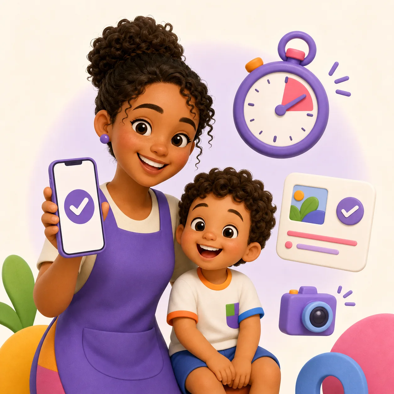 Educadora registrando uma observação pelo celular ao lado de uma criança