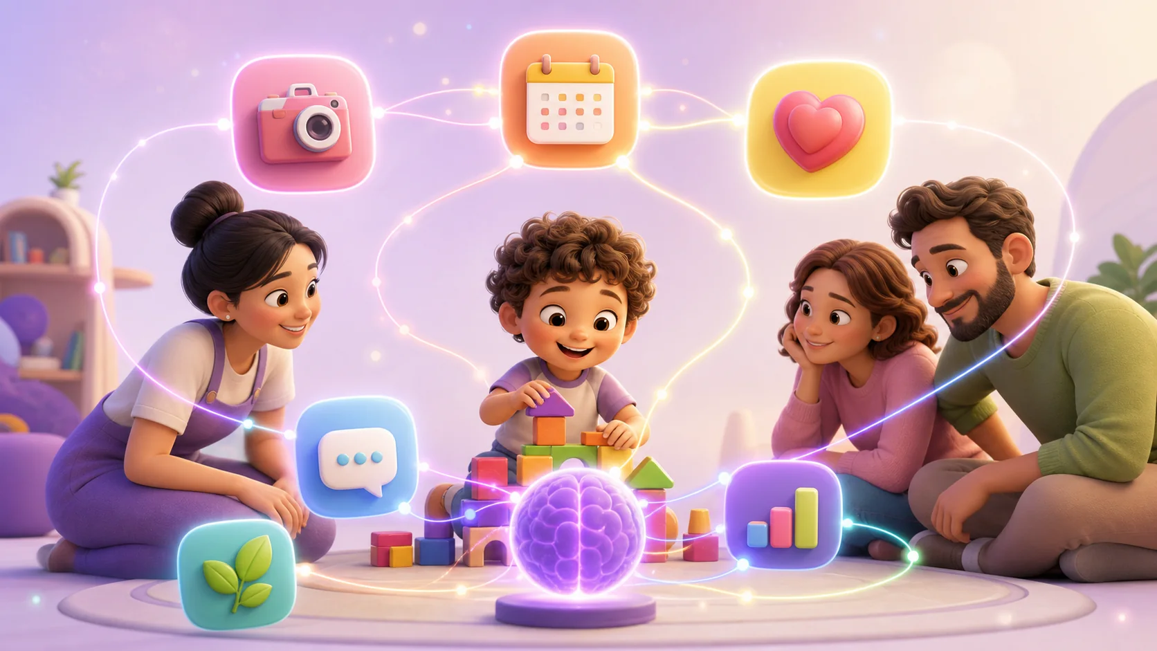 Criança, educadora e família conectadas por registros e informações pedagógicas