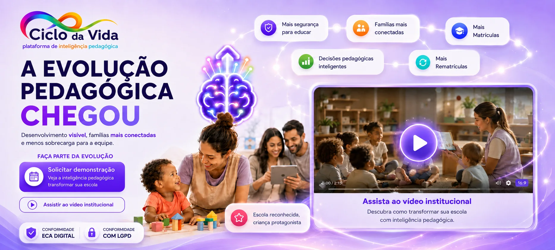 Ciclo da Vida: a evolução pedagógica chegou — desenvolvimento visível, famílias conectadas e menos sobrecarga para a equipe.